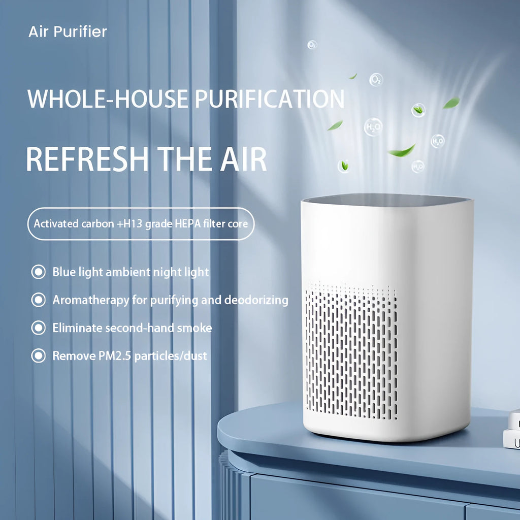 Simple style desktop air purifier with USB port and filter for small rooms.