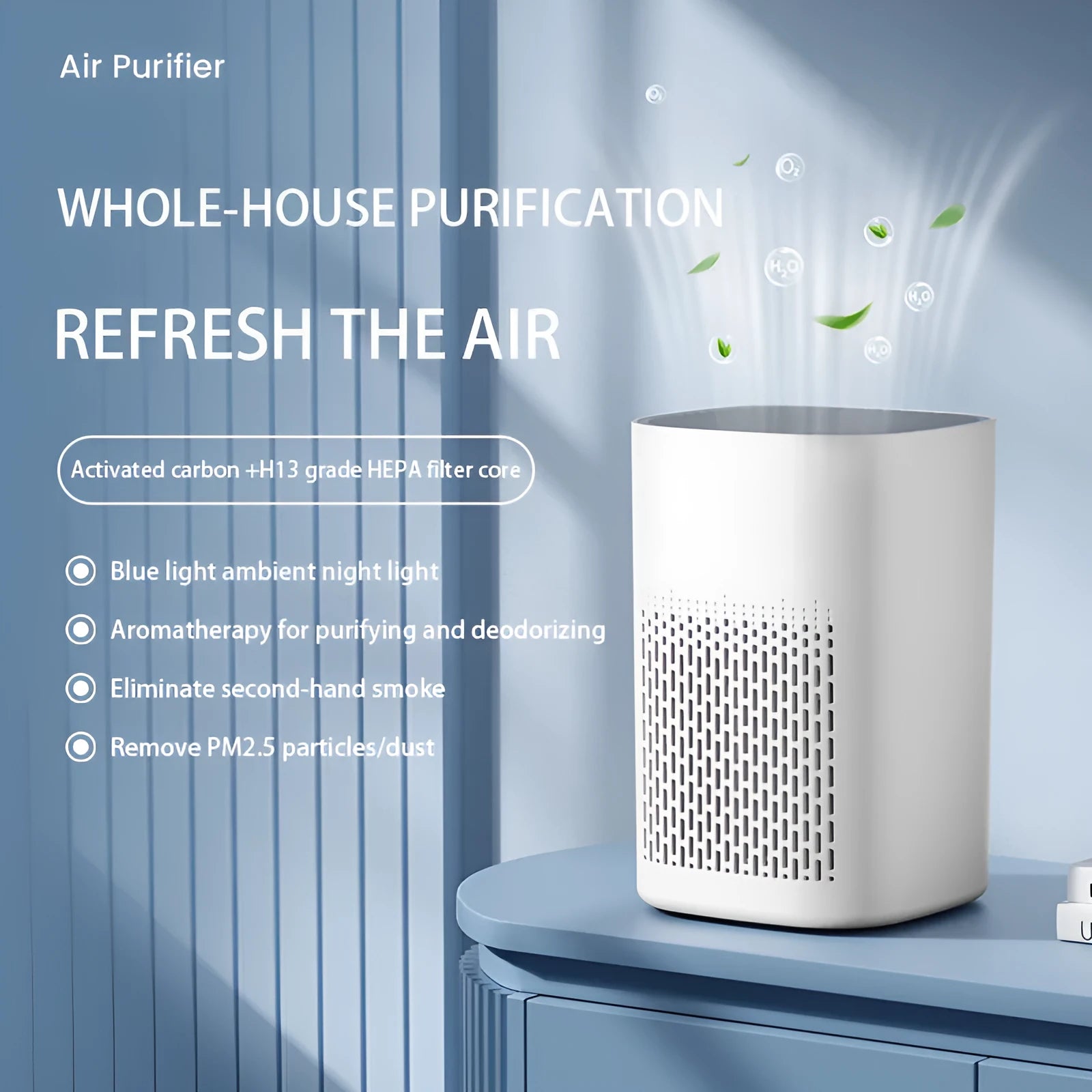 Simple style desktop air purifier with USB port and filter for small rooms.