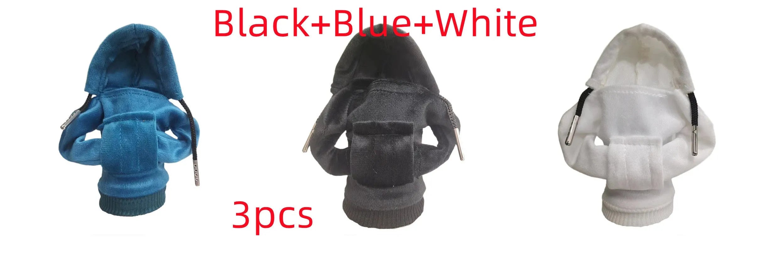 Cloth gear shift knob hoodie cover in assorted colours, shown next to a car gear stick.