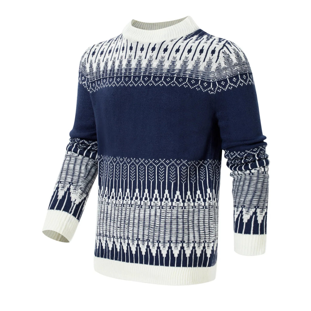 Men's grey knitted pullover sweater with ribbed cuffs and hem on hanger
