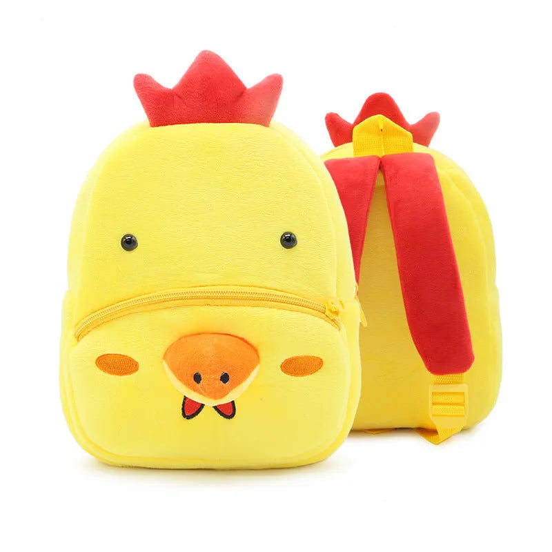 Children's plush animal backpack with zipper opening showing elephant design and dimensions 26x24x10cm