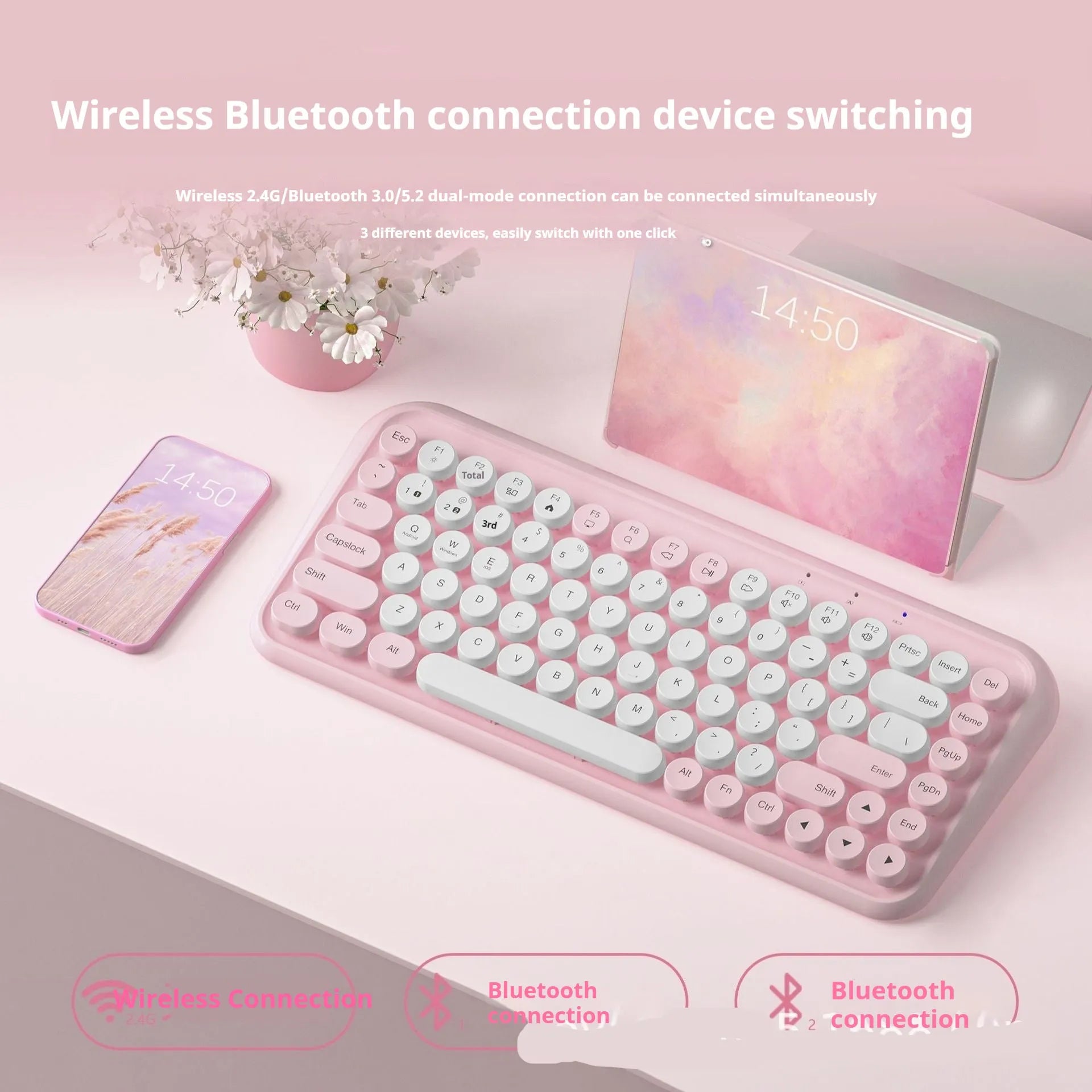 Pink dual-mode wireless Bluetooth keyboard with 84 keys and portable design