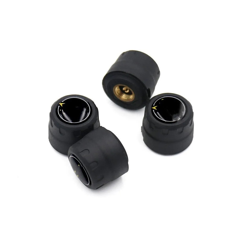 Black Bluetooth automotive tyre pressure monitoring system with four external sensors and a wrench.