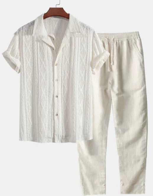 Men's loose fitting short sleeve shirt and trousers summer suit set in milk silk polyester fabric