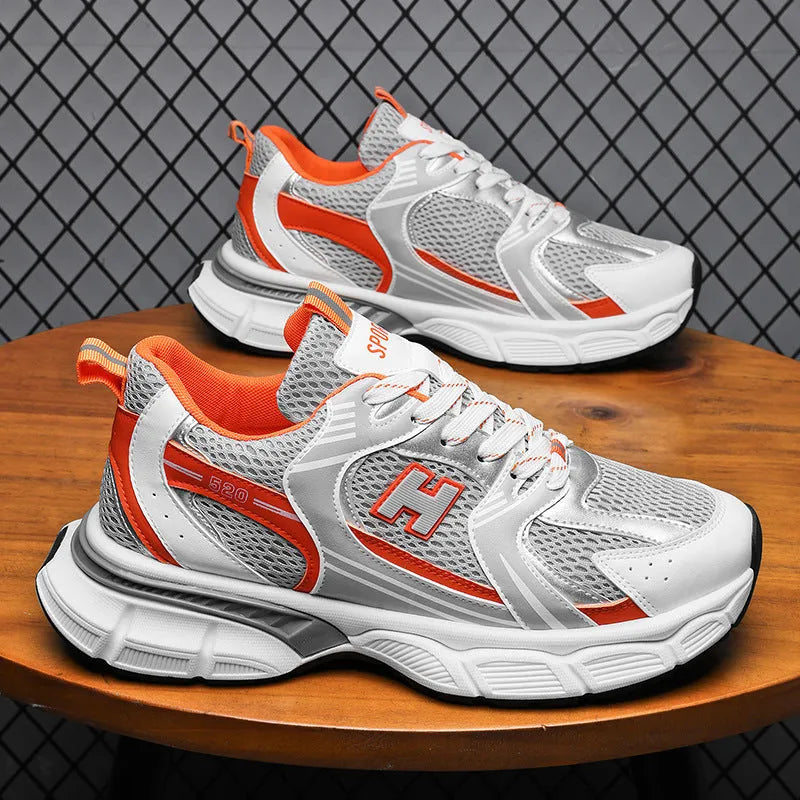 Men's white orange mesh running shoes with round toe and injection moulded sole