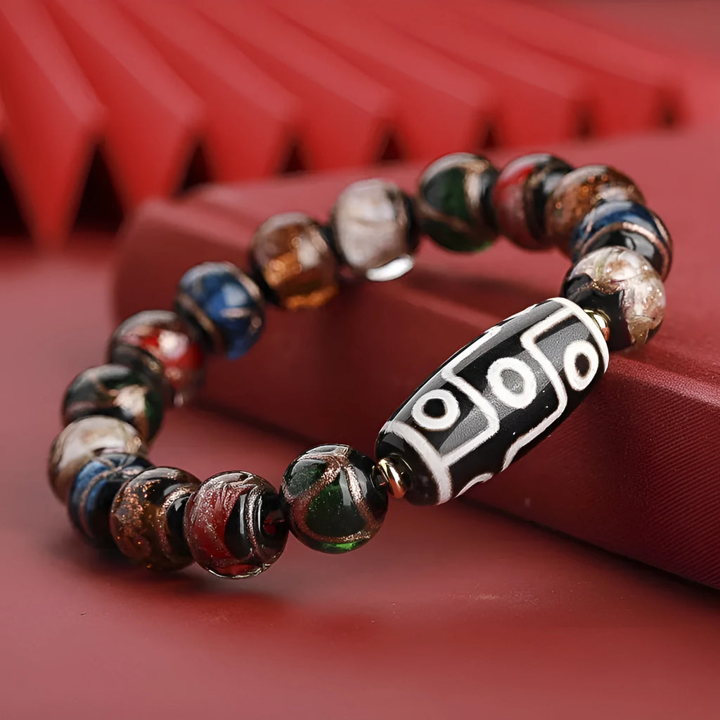 Colourful Chinese style coloured glaze bracelet with auspicious patterns, showing bead size options.