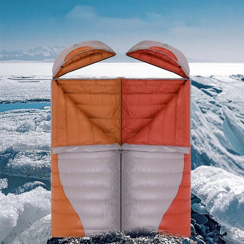 Outdoor camping envelope down sleeping bag in khaki grey with windproof nylon fabric and anti-slip zipper