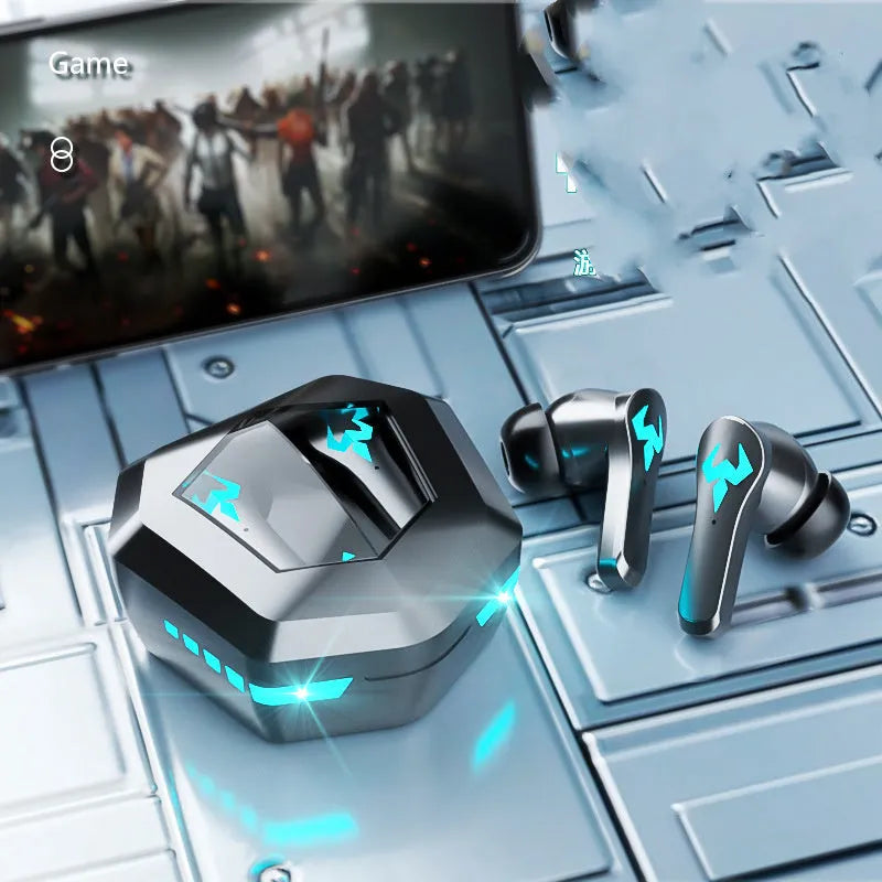 Black wireless Bluetooth 5.0 in-ear sports gaming headset with noise-cancelling technology
