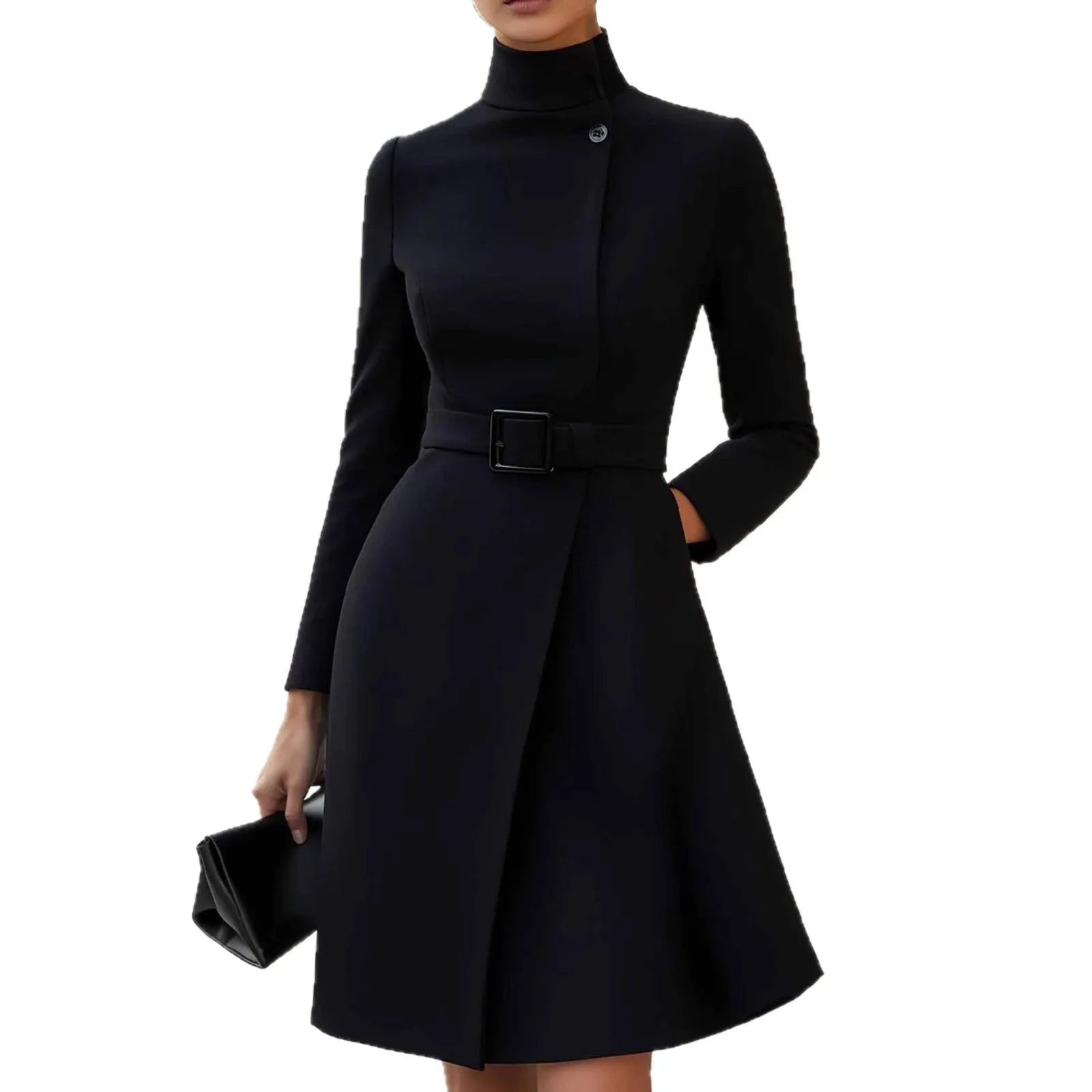 Women's black Bohemian style dress with stand collar, long sleeves, high waist, and zip fastening