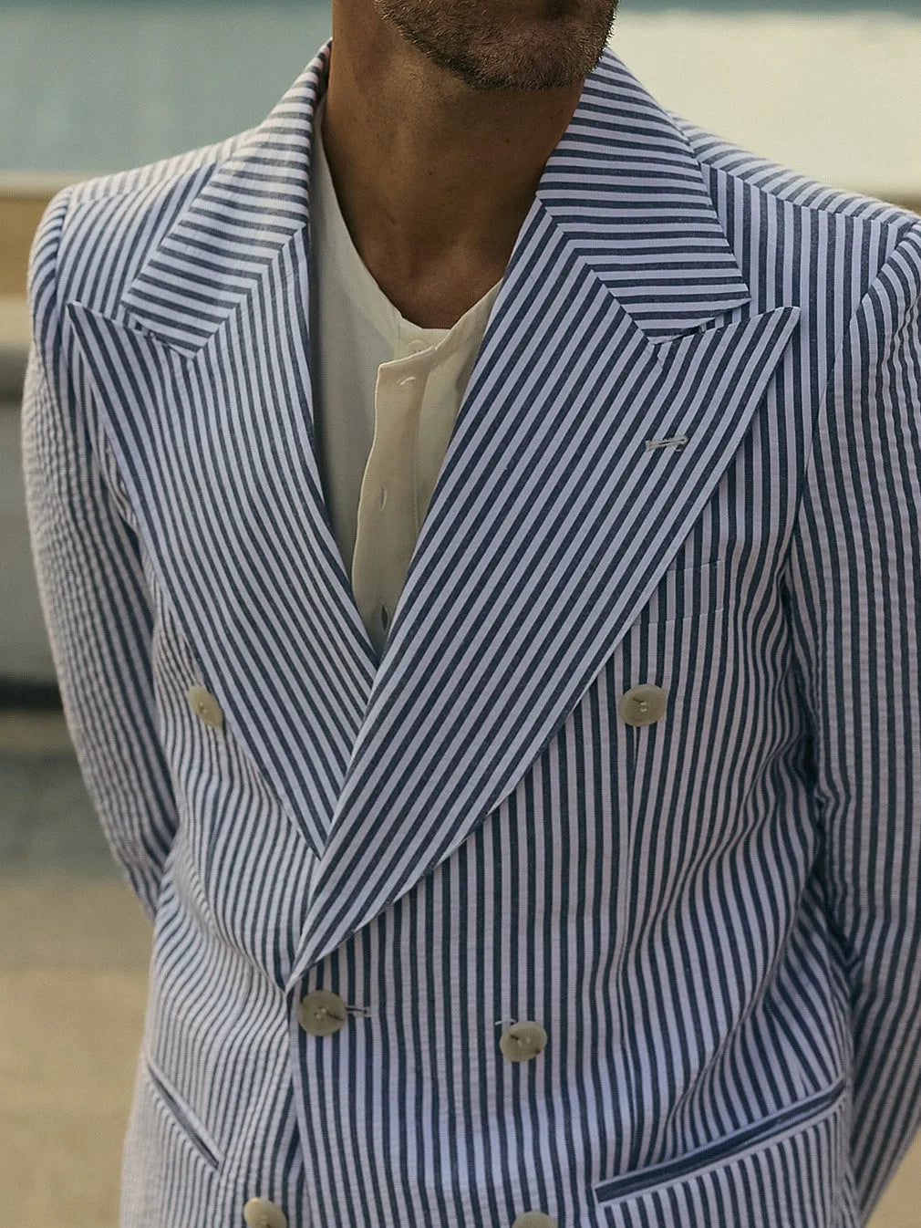 Blue and white striped polyester suit set including blazer and trousers for men
