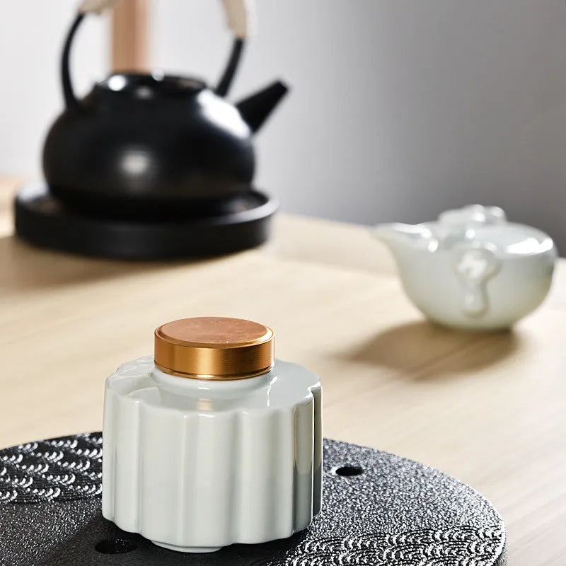 Ceramic Tea Pot Lotus Leaf Design Universal Storage Tea Caddy Coloured Glaze Finish Available in Seven Colours Celadon Dark Red Ding Ware Pink Sea Blue Sky Blue White Home Tea Storage