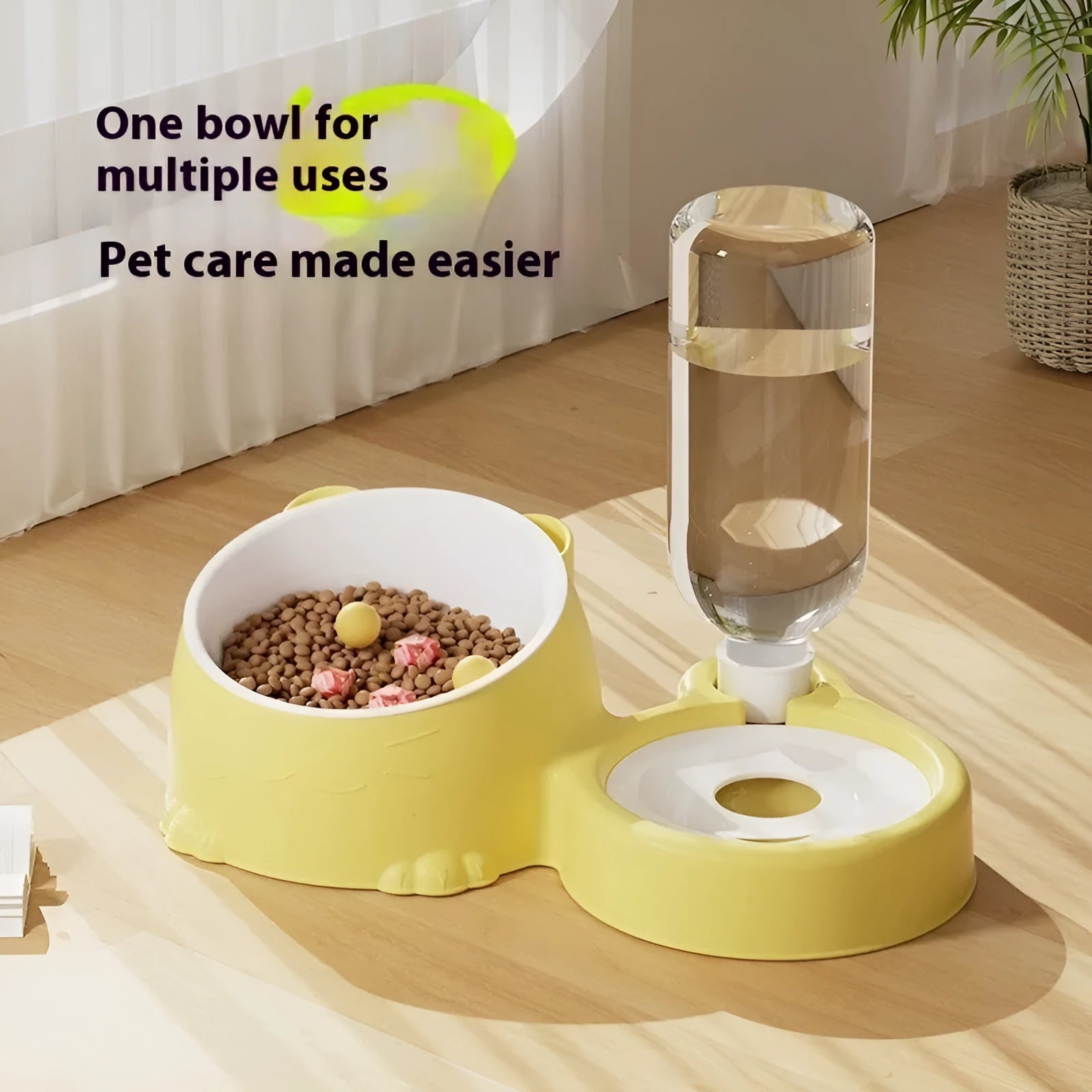 Double bowl automatic drinking pet feeder for cats with stainless steel ceramic reservoir and plastic base in assorted colours.