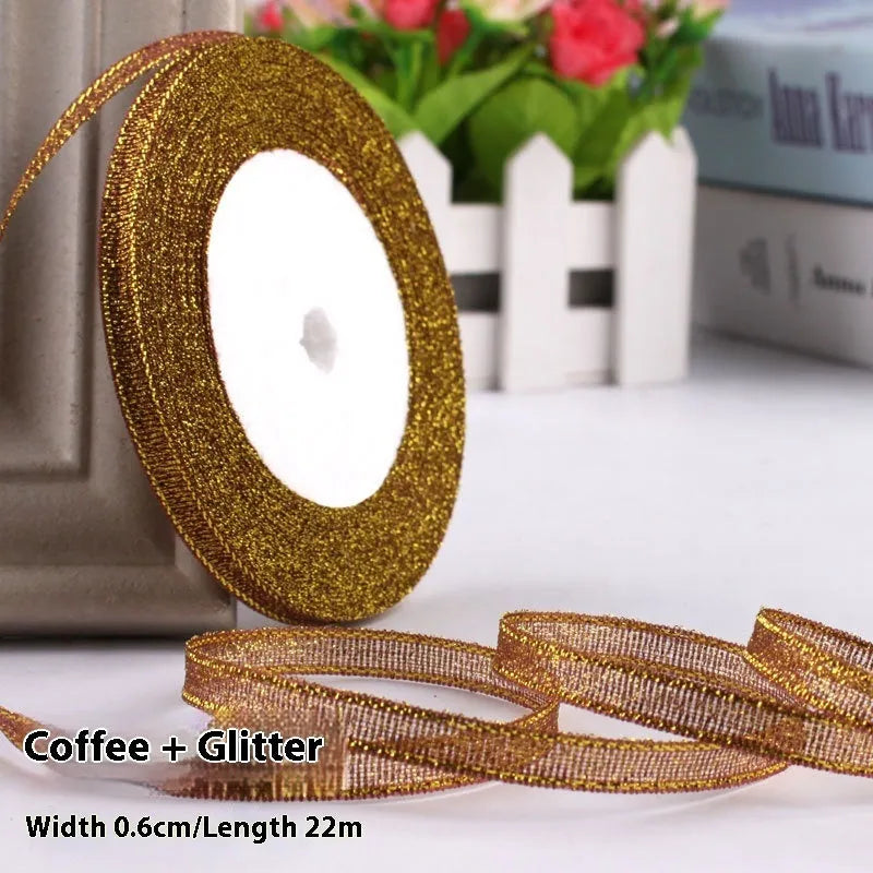 Roll of narrow 0.6cm wide polyester decorative ribbon in multiple colour options including metallic finishes