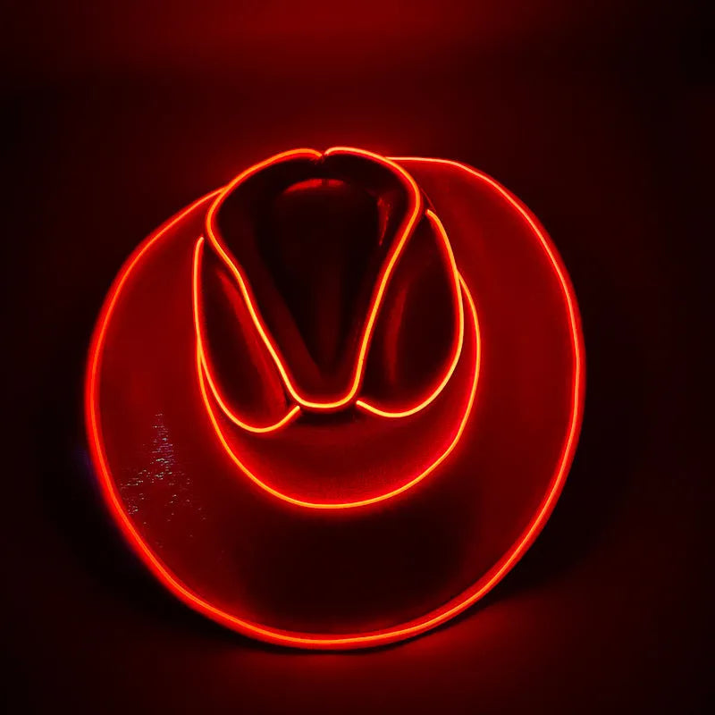 LED wireless fluorescent cowboy flashing hat in green, front view, EVA and EL wire construction, average size