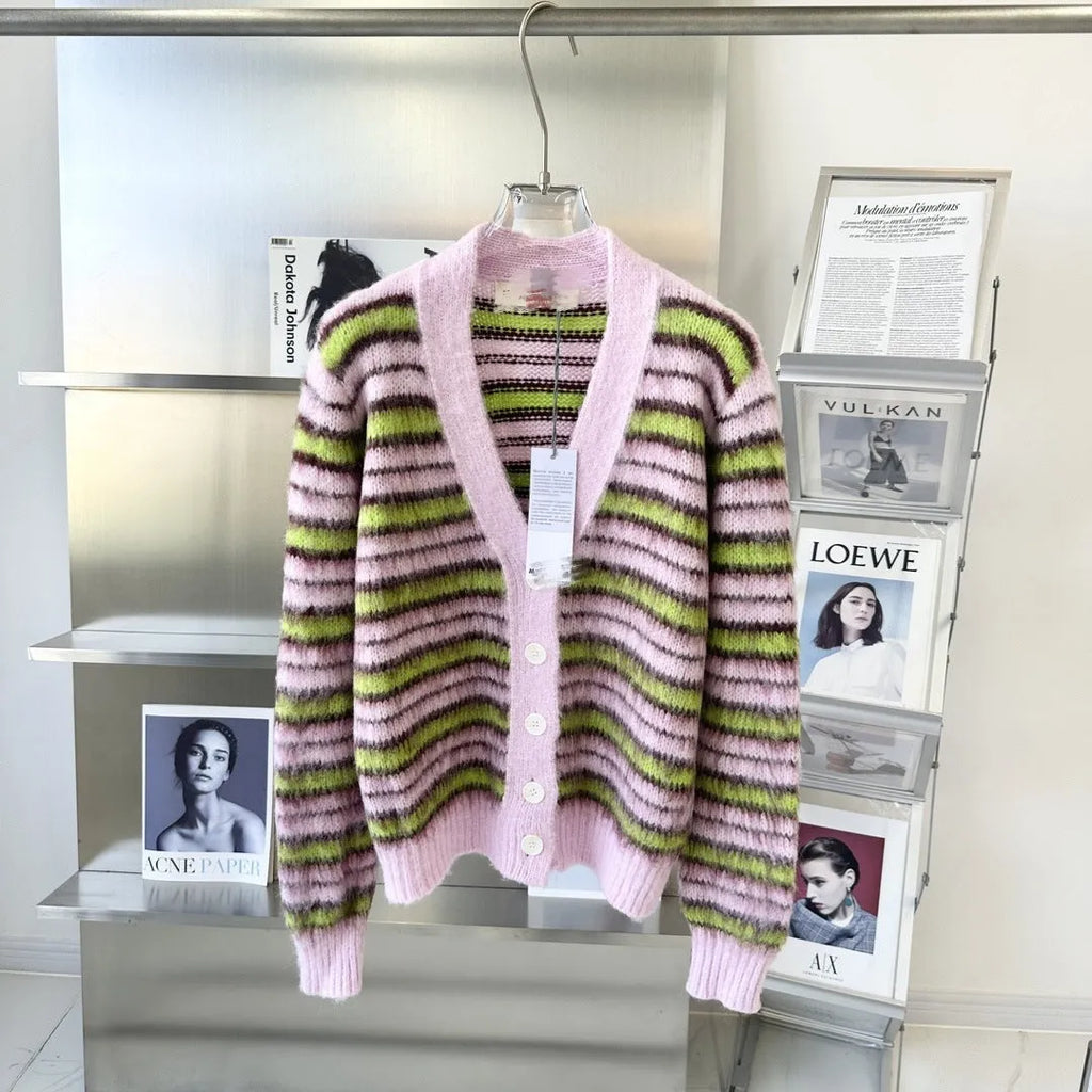 Pink wool knitted cardigan sweater showing cardigan and round-neck pullover style options