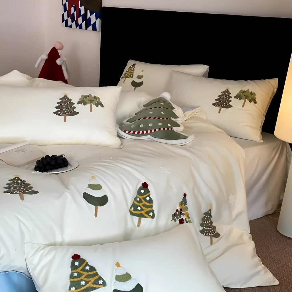 Christmas tree embroidered cotton duvet cover set with pillowcases in cream blue colour