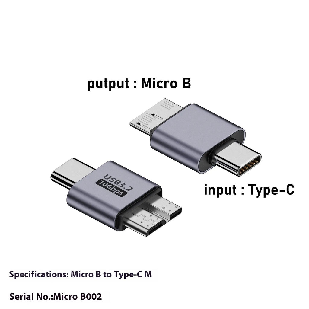 Close-up of a USB AM to Micro-B adapter cable with labelled Micro001, Micro002, Micro003, and Micro004 interface options.