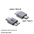 Close-up of a USB AM to Micro-B adapter cable with labelled Micro001, Micro002, Micro003, and Micro004 interface options.