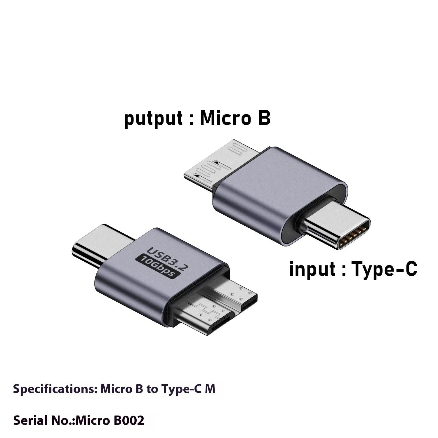 Close-up of a USB AM to Micro-B adapter cable with labelled Micro001, Micro002, Micro003, and Micro004 interface options.