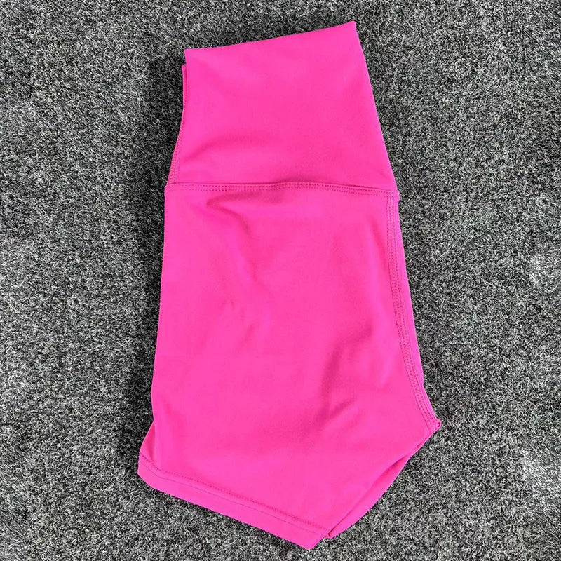 Ladies high waist yoga shorts in nylon fabric, shown in multiple colour options.