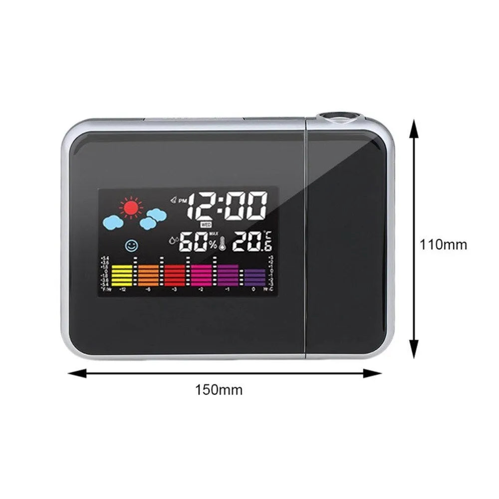 Black digital projection alarm clock with multicolour LED display measuring 15x11x2.5cm