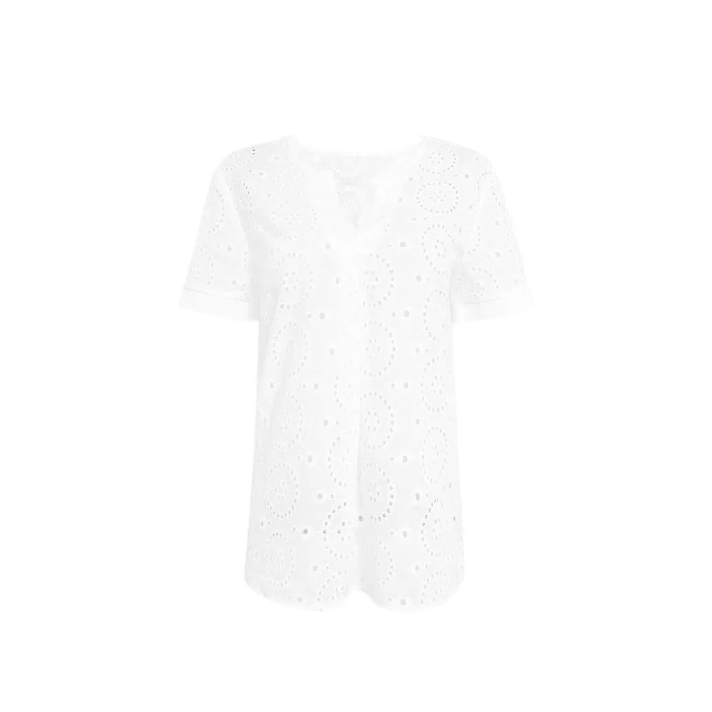 White women's hollow-out V-neck t-shirt with French style detailing and loose casual fit
