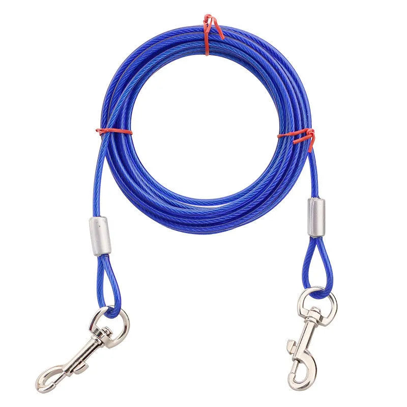 Hand holding rope iron chain double-headed dog leash for two dogs, steel wire, blue colour, 5mm size