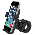 Black ABS plastic bicycle mobile phone holder with an adjustable security strap on handlebars.