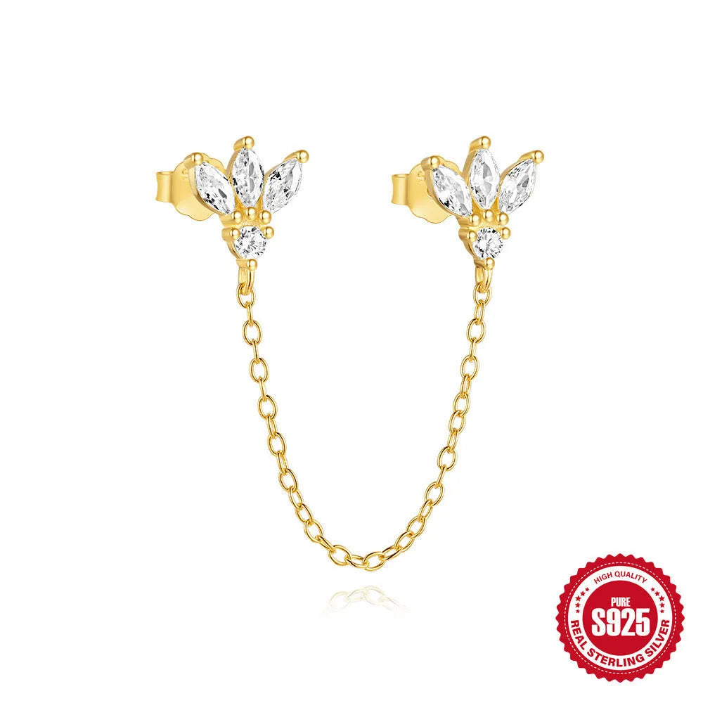 S925 sterling silver earrings with zircon detailing in golden chain stud and double ear piercing designs