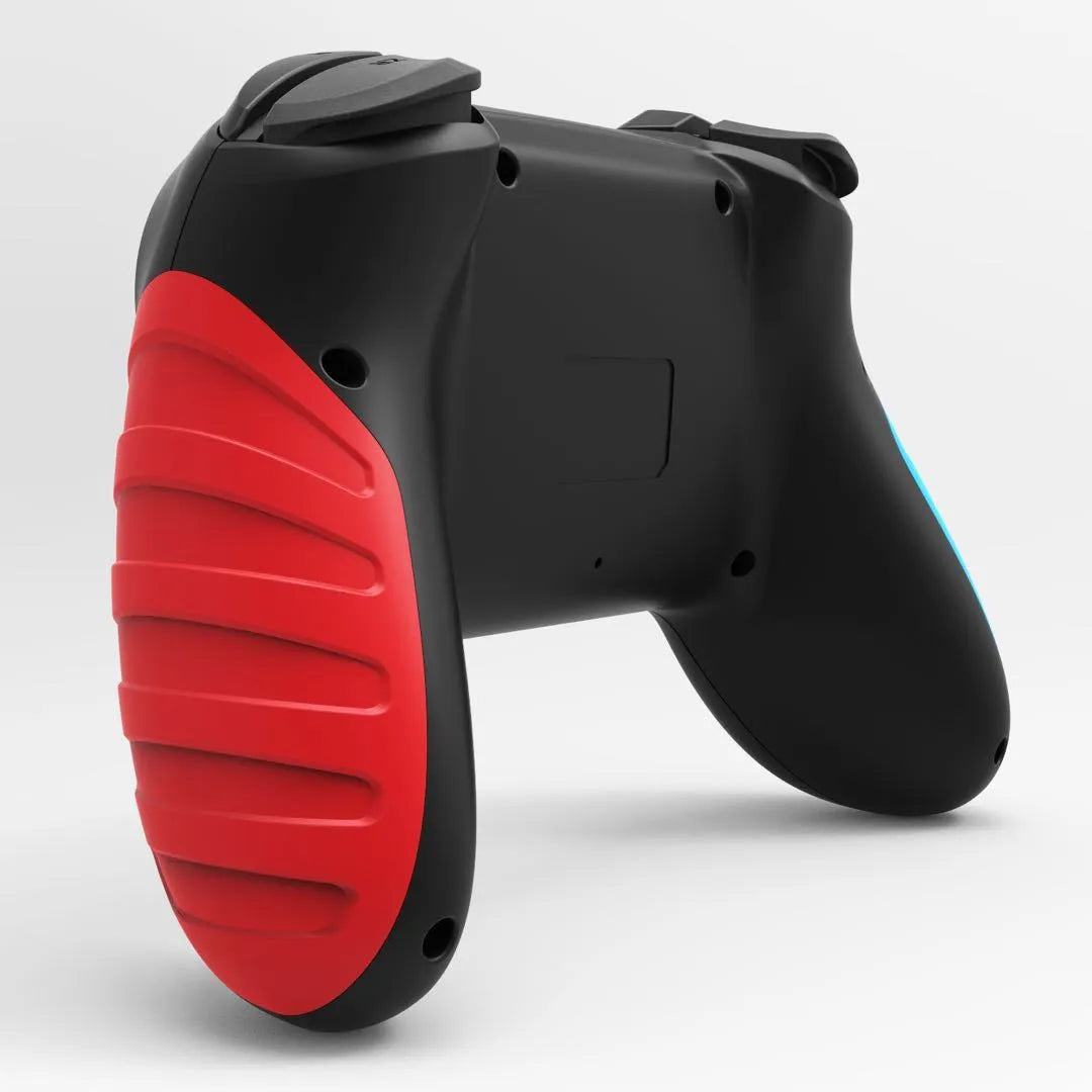 Red and blue wireless Bluetooth game controller for Nintendo Switch and PC on a stand.
