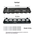 Black ABS plastic wall-mounted fishing rod holder in horizontal and upright styles