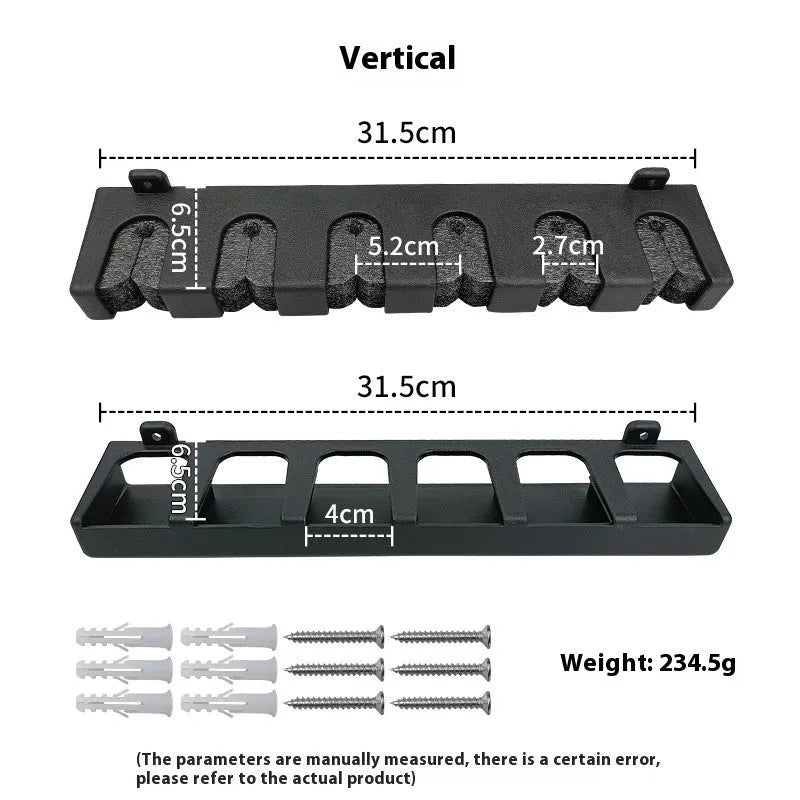 Black ABS plastic wall-mounted fishing rod holder in horizontal and upright styles