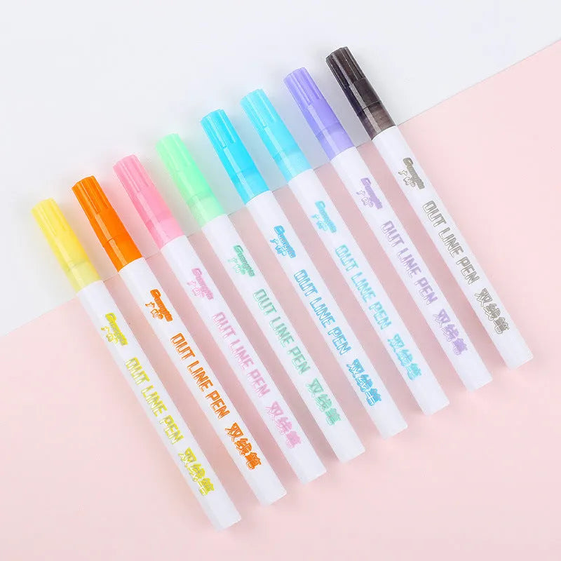 Eight color fluorescent marker pens in a plastic storage box