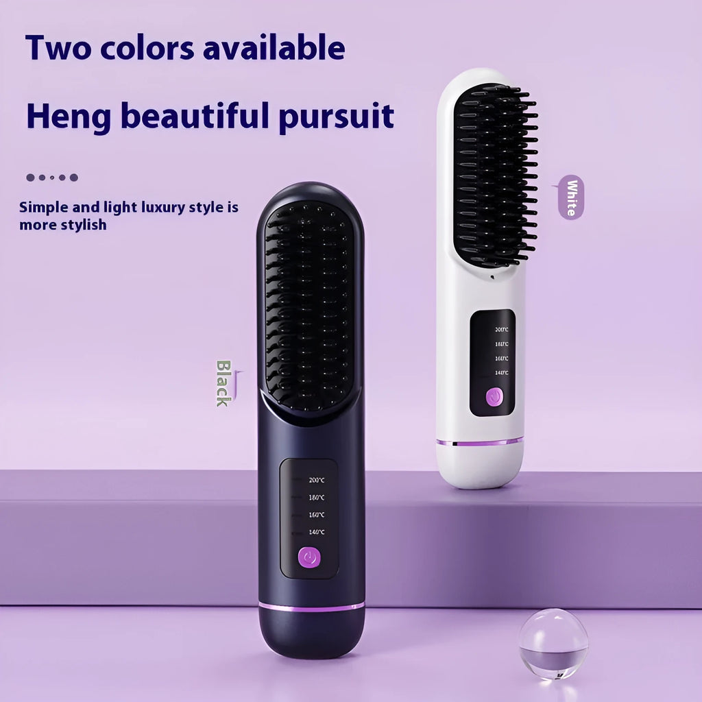 White portable negative ion hair comb with rechargeable battery on a plain background.