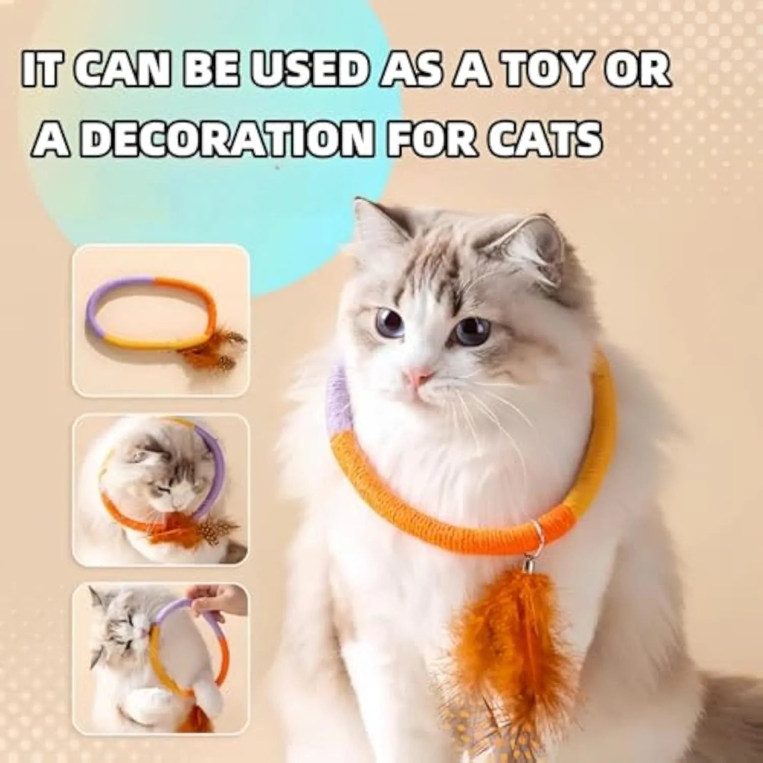 Green circular cotton rope cat toy with white feathers attached for chewing and interactive play.