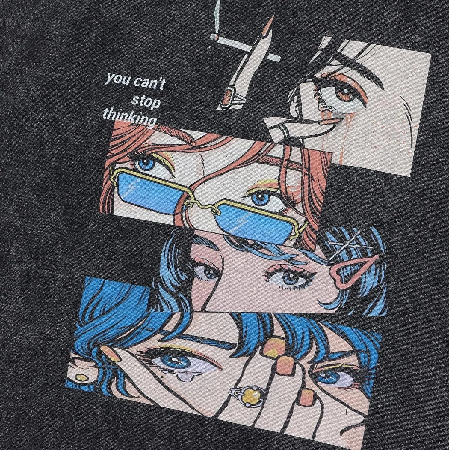 Men's washed black cotton t-shirt with retro cartoon print design and loose fit short sleeves