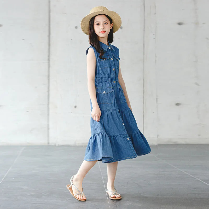 Blue denim blouse collar vest dress for girls with button front, cotton fabric, suitable for 120-170cm height
