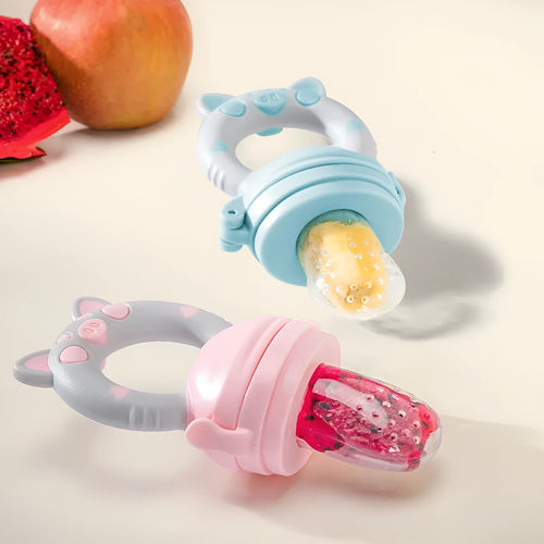 Silicone baby teether in blue, green or pink with single or triple mouthpiece designs for infant gum relief