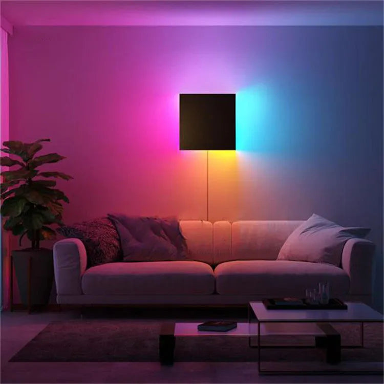 Black aluminium LED wall light 20cm square with RGB and warm light modes