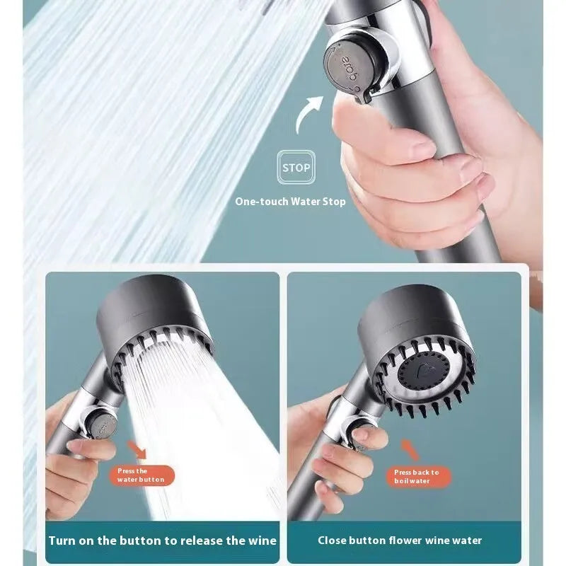 Portable white ABS shower head with a modern simple design and three-gear adjustment dial.