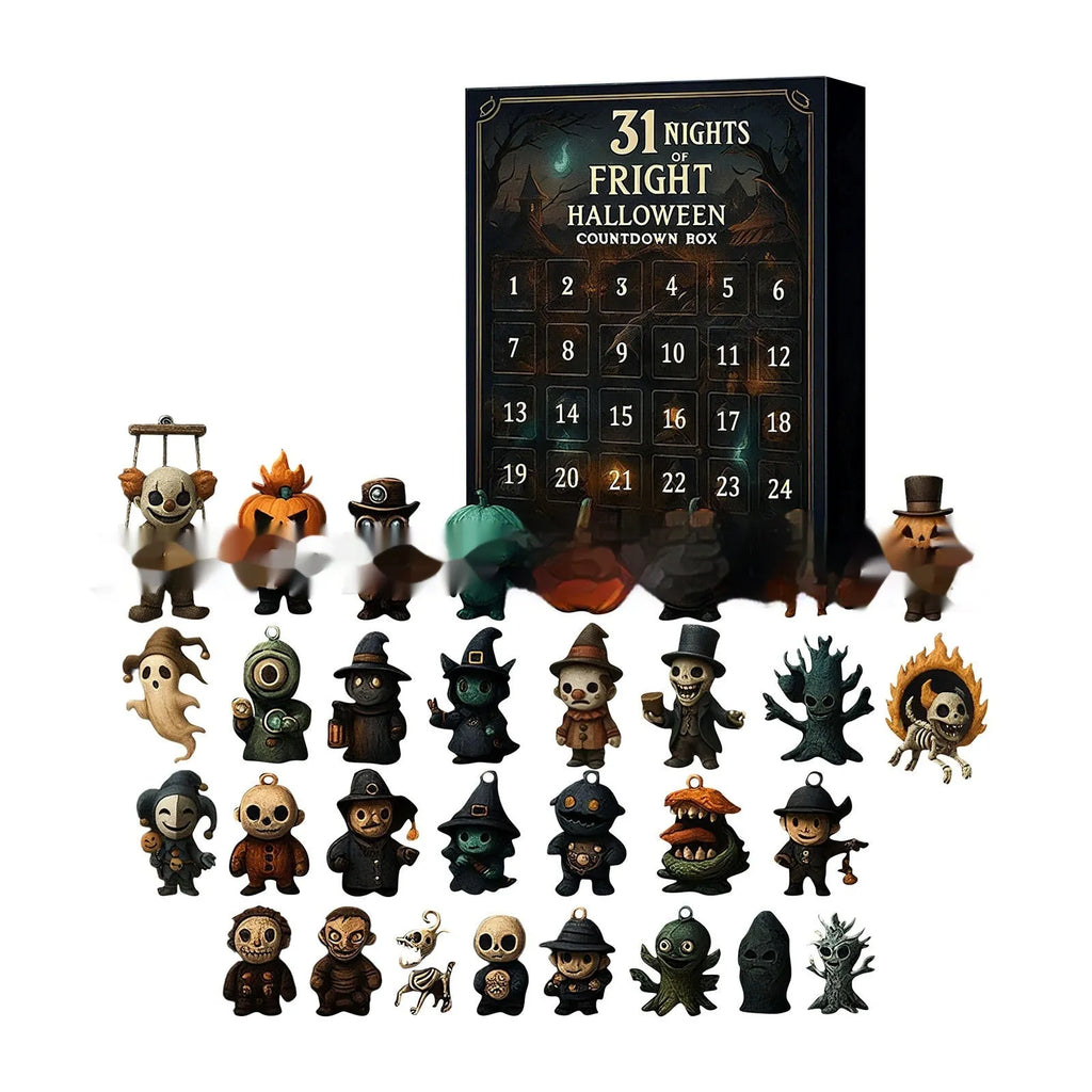 Halloween horror advent countdown box with plastic and resin construction showing blind box packaging