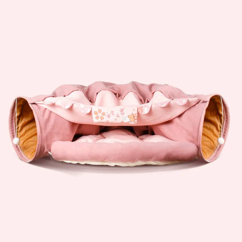 Collapsible cloth cat tunnel in Bar, Coffee, Matcha, or Pink colour, shown folded and unfolded.