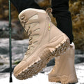 Men's black cowhide hi-top hiking shoes with platform sole for outdoor running and camping