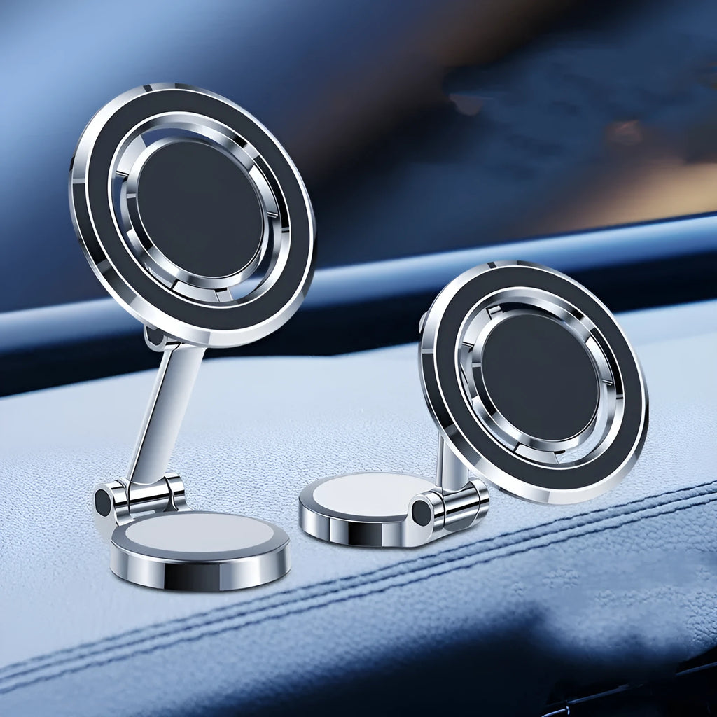 Black car phone holder with magnetic clip mount attached to a vehicle instrument panel