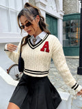 Women's V-neck slim striped knitted shirt with patch detail in creamy white, pullover style