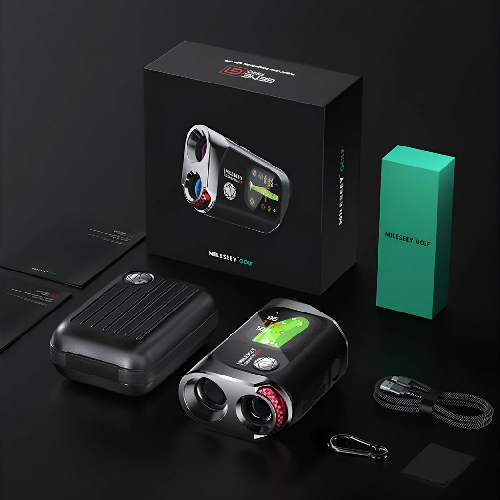Black GPS rangefinder with telescope display and AMOLED touchscreen for outdoor distance measurement