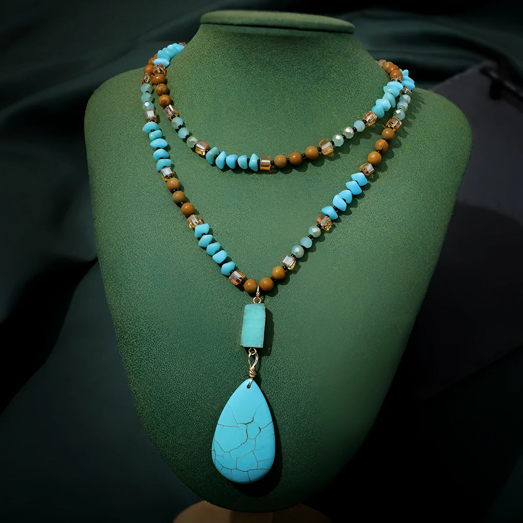 Blue turquoise water drop pendant necklace with mixed gem inlay on ball bead chain
