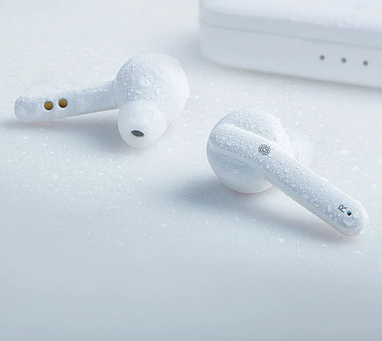 Black and white TWS wireless Bluetooth 5.0 in-ear headphones with IPX5 rating.