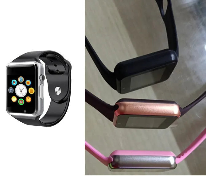 A1 smart watch with 1.54-inch touchscreen display shown in multiple colour options: black, silver, white, gold, pink, red, green, blue.