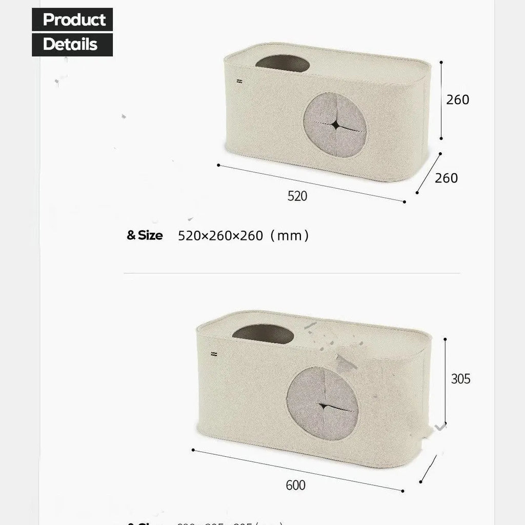 Khaki foldable felt cat nest bed showing its size next to a grey version.